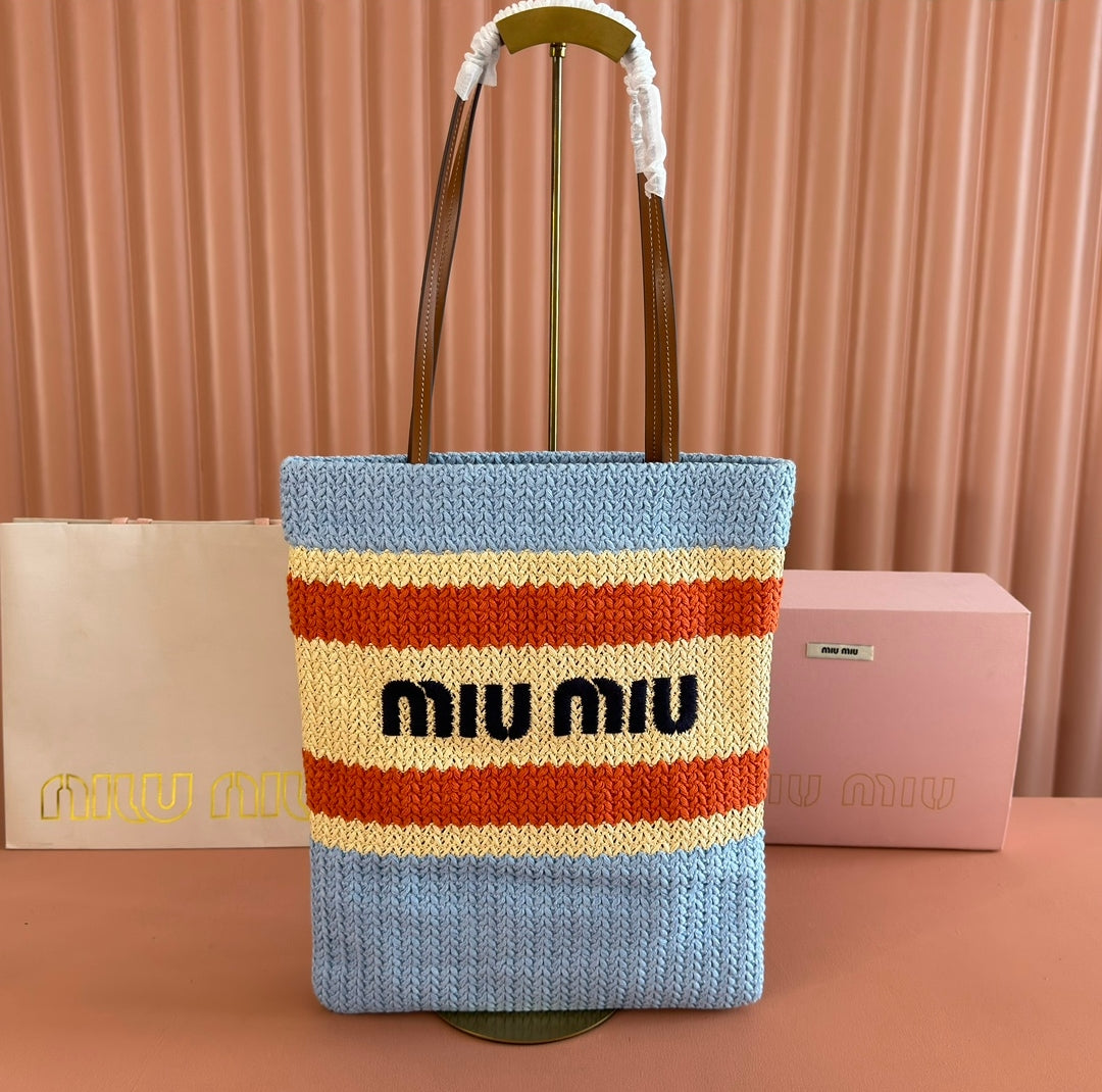 Miu Crochet Tote Bag 30x38 Beige Blue Raffia-Effect Woven 285260