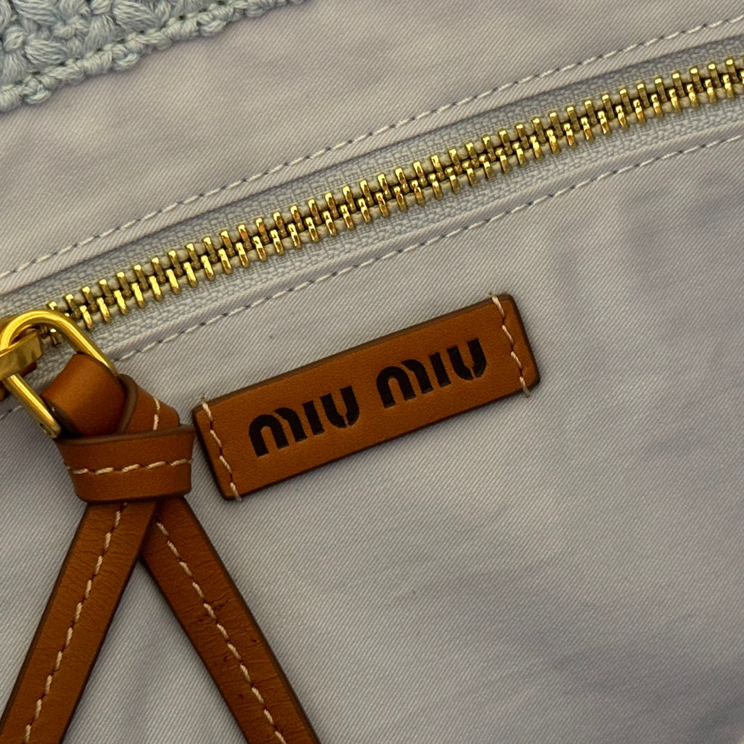 Miu Crochet Tote Bag 30x38 Beige Blue Raffia-Effect Woven 285260