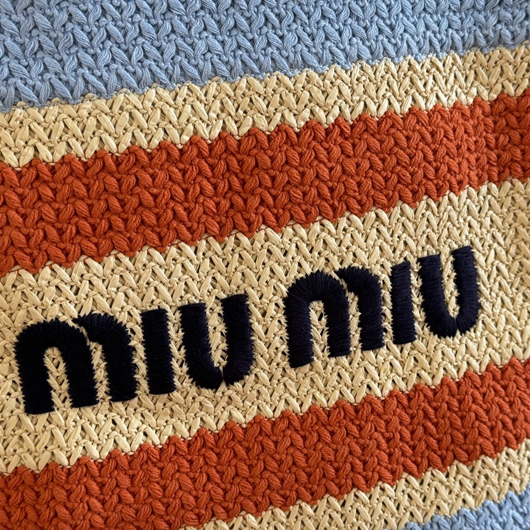Miu Crochet Tote Bag 30x38 Beige Blue Raffia-Effect Woven 285260
