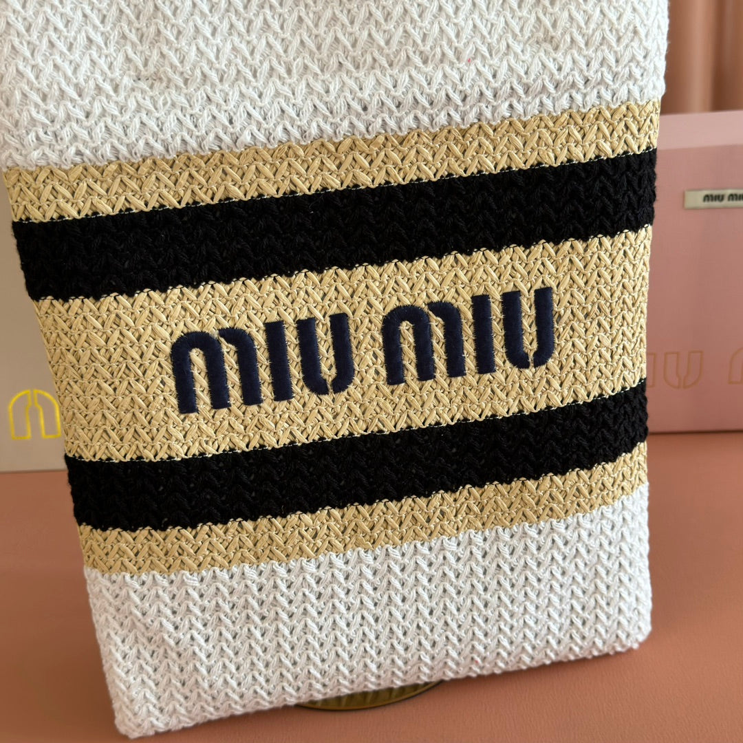 Miu Crochet Tote Bag 30x38 Beige White Raffia-Effect Woven 285269