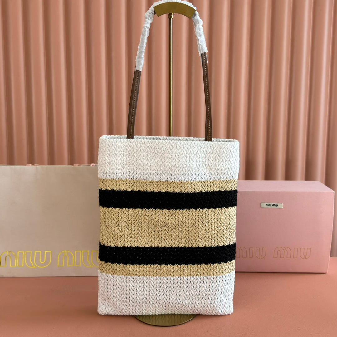 Miu Crochet Tote Bag 30x38 Beige White Raffia-Effect Woven 285269
