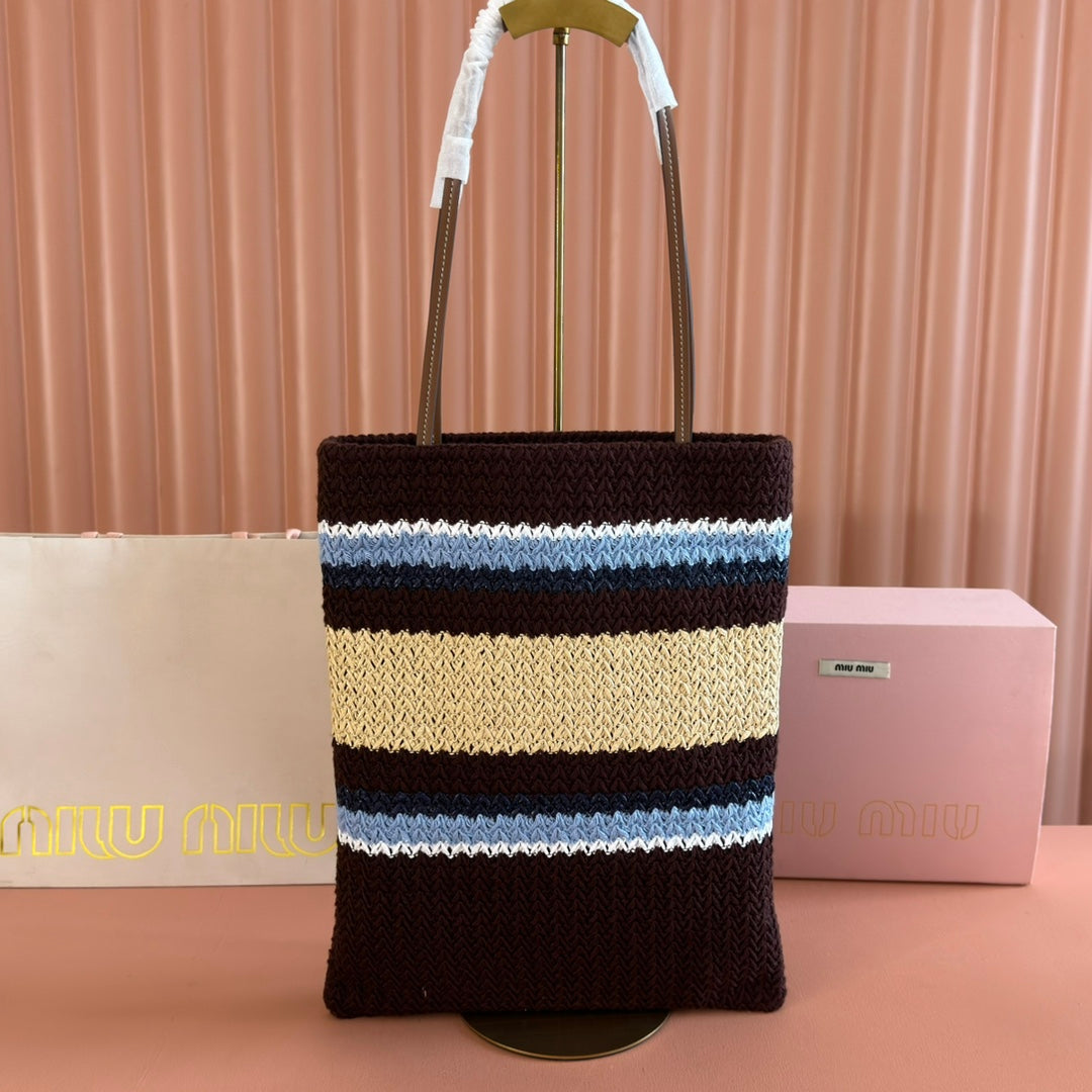 Miu Crochet Tote Bag 30x38 Beige Brown Raffia-Effect Woven 285266