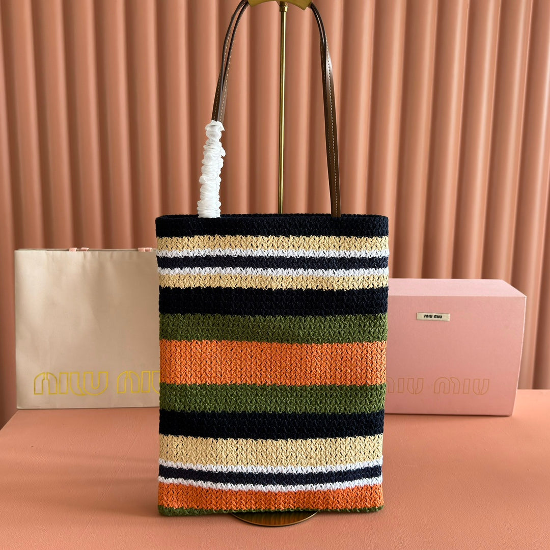 Miu Crochet Tote Bag 30x38 Orange Blue Raffia-Effect Woven 285273