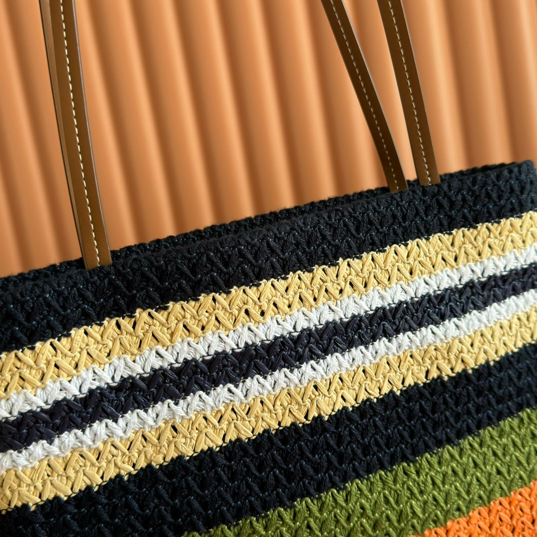 Miu Crochet Tote Bag 30x38 Orange Blue Raffia-Effect Woven 285273