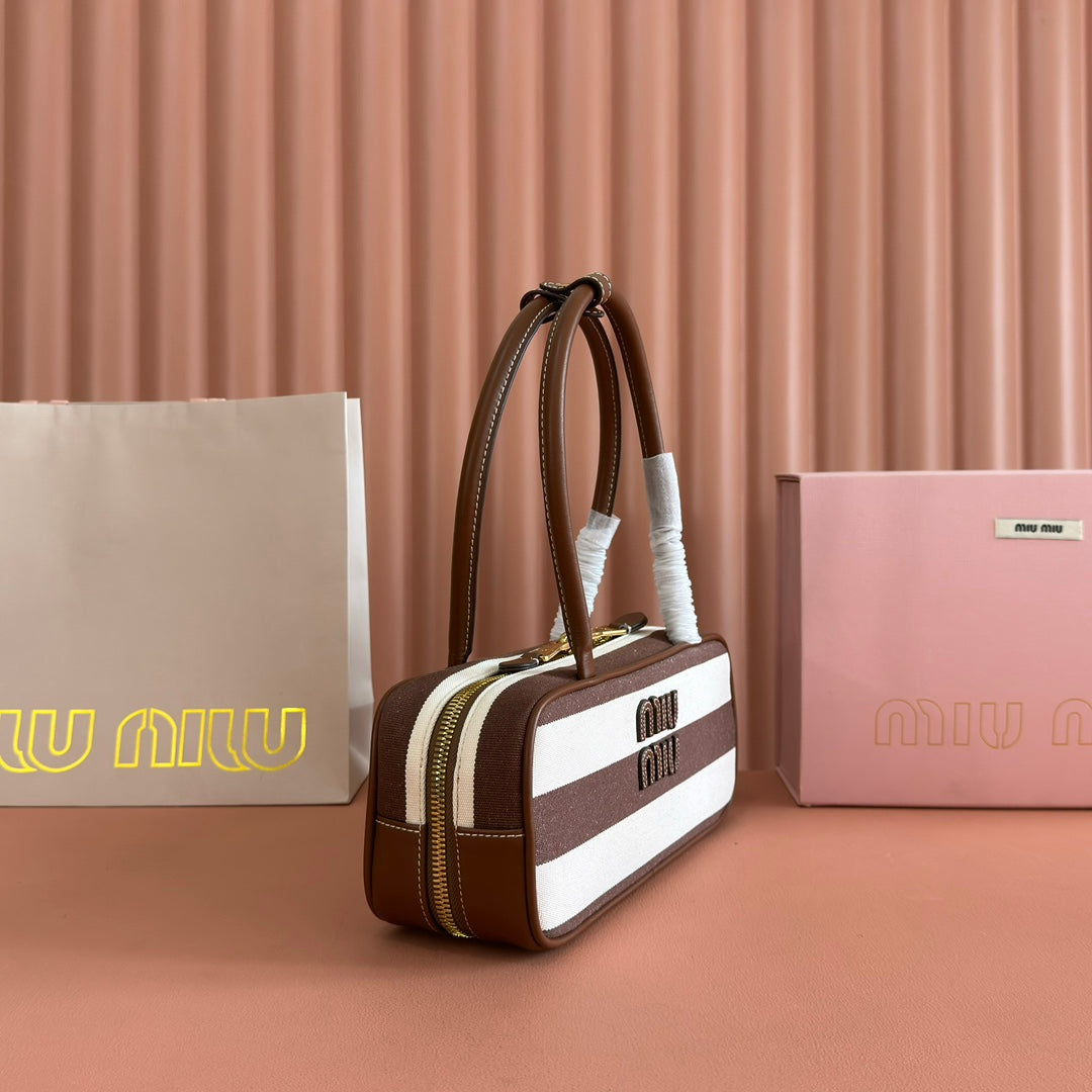 Miu Beau Small Bag 28cm Soft Beige Mix Brown Cotton Cowhide 257958