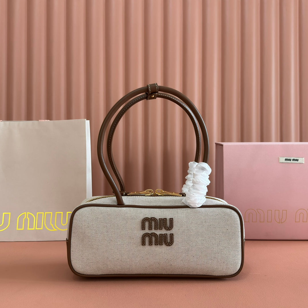 Miu Beau Small Bag 28cm Soft Beige Cotton Brown Cowhide 257964