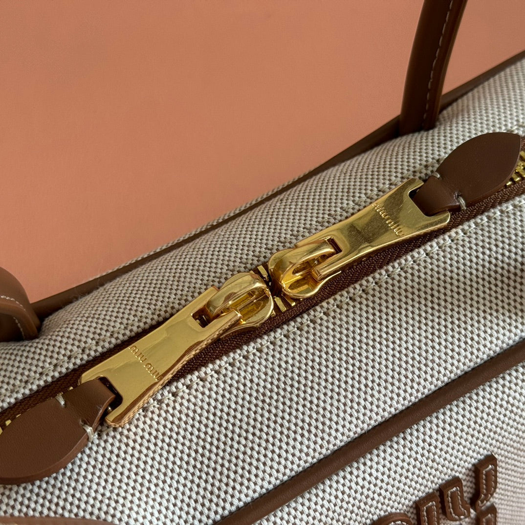 Miu Beau Small Bag 28cm Soft Beige Cotton Brown Cowhide 257964