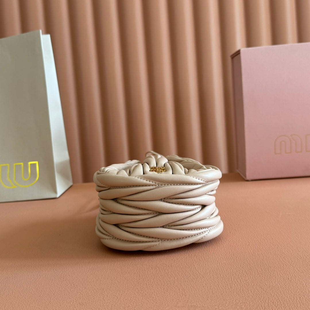 Matelassé Mini Drawstring Handbag Apricot Lambskin