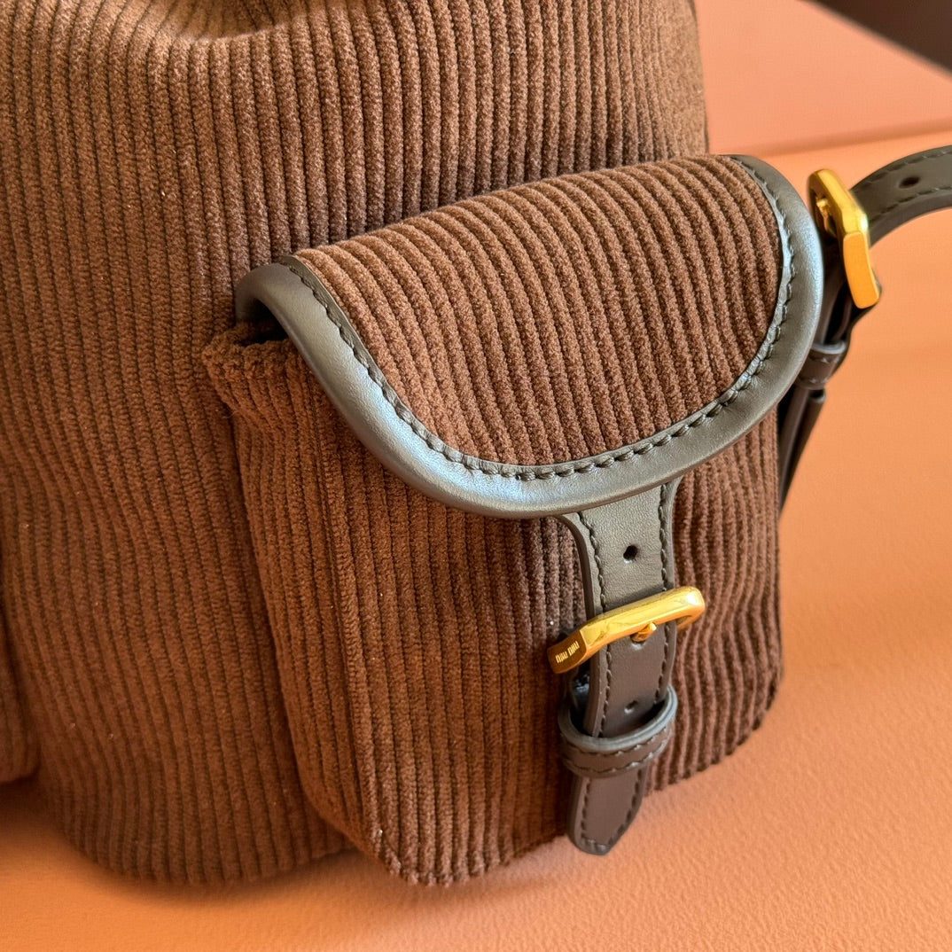 Miu Medium Corduroy Backpack Dark Brown Leather-Trim