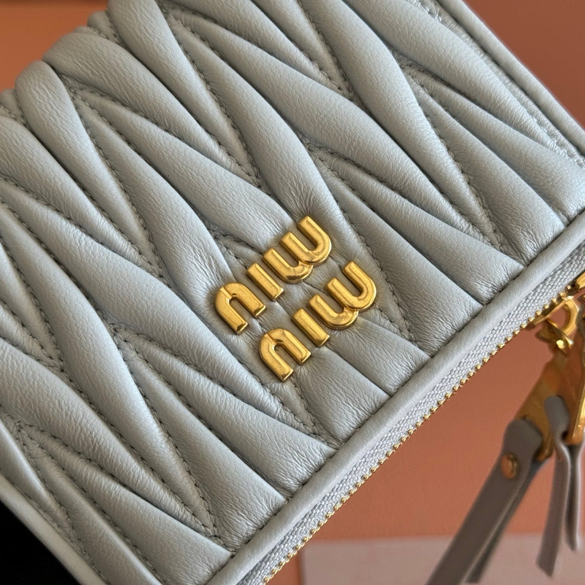 Miumiu 26s Small Matelasse Card Holder 11 In Blue Gray Calfskin Gold Hardware