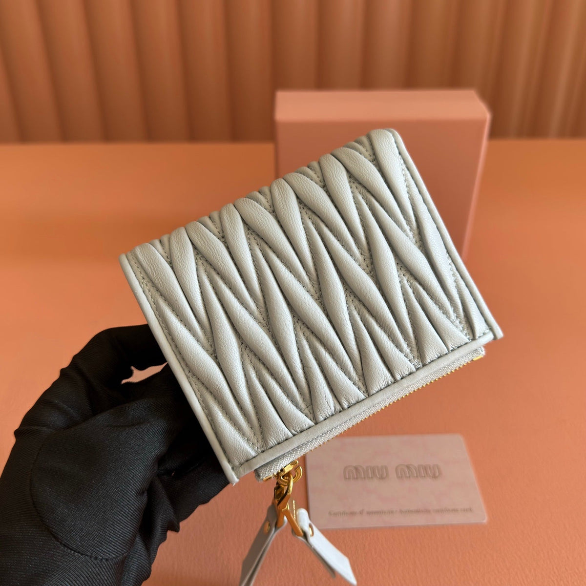 Miumiu 26s Small Matelasse Card Holder 11 In Blue Gray Calfskin Gold Hardware