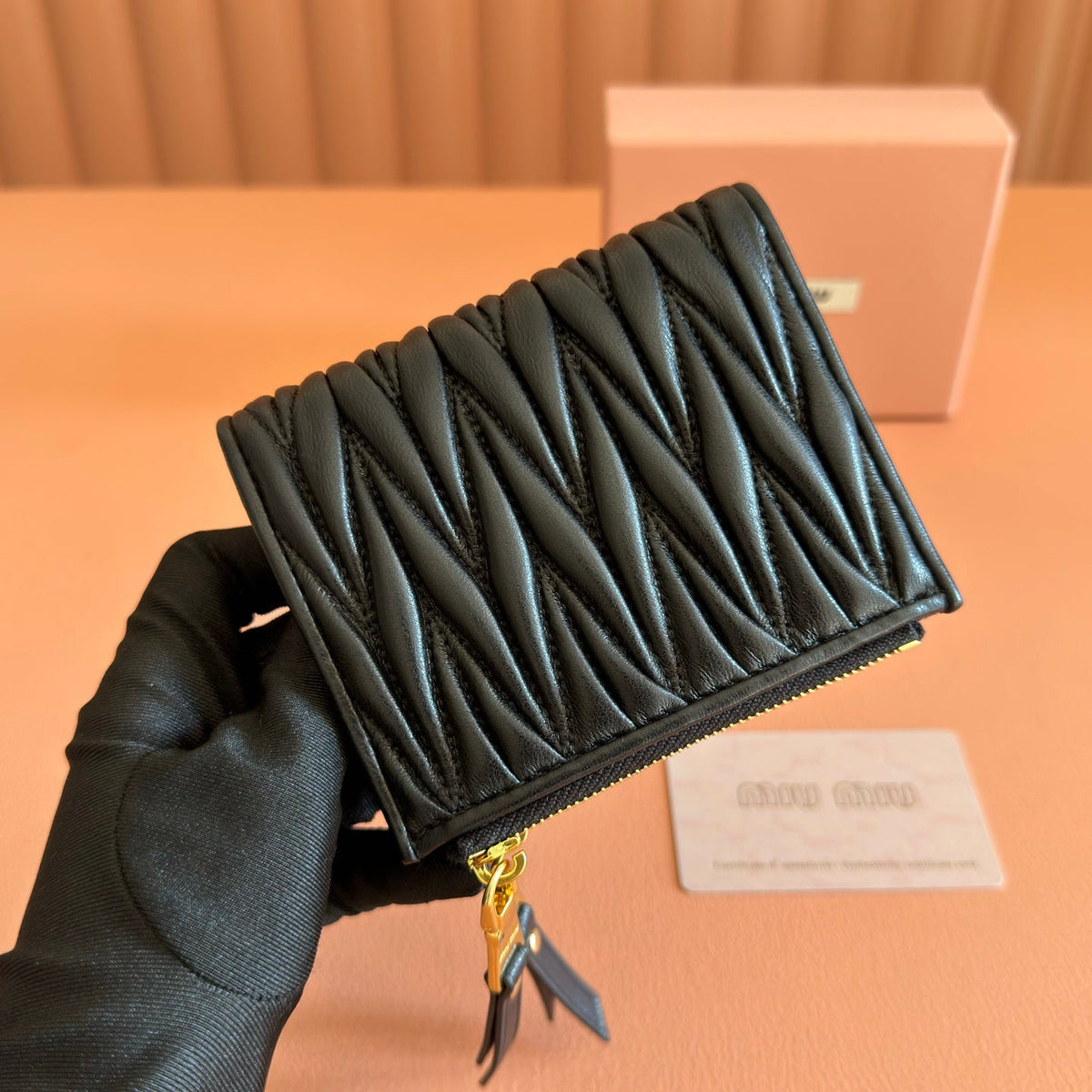 Miumiu 26s Small Matelasse Card Holder 11 In Black Calfskin Gold Hardware