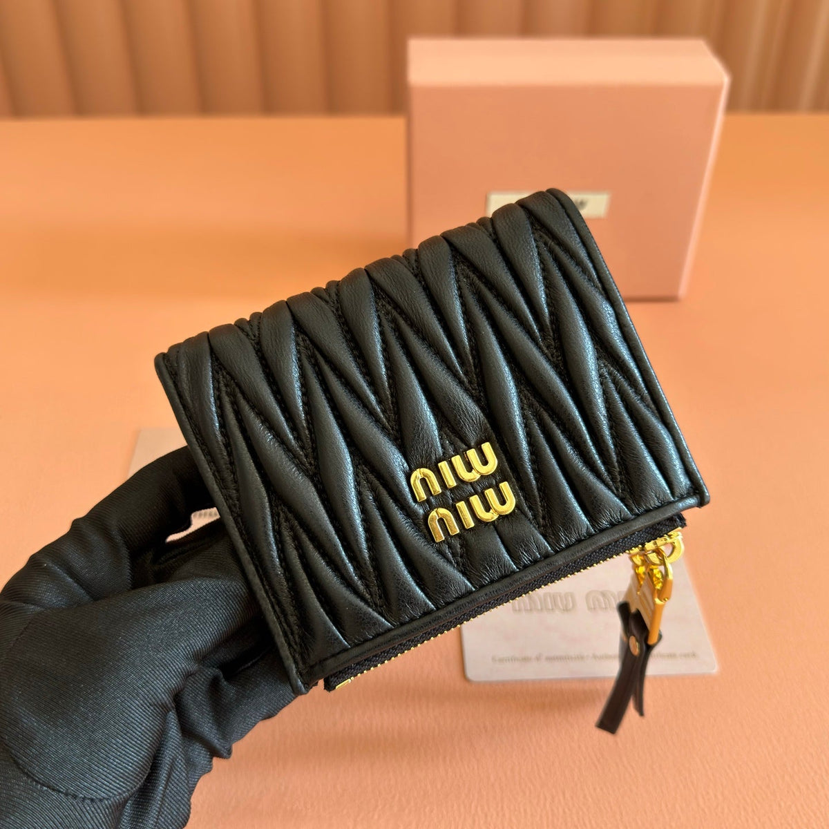 Miumiu 26s Small Matelasse Card Holder 11 In Black Calfskin Gold Hardware