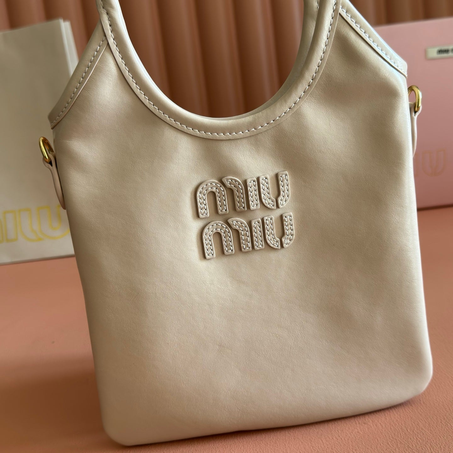 Miu IVY Handbag Light Beige Leather 280984