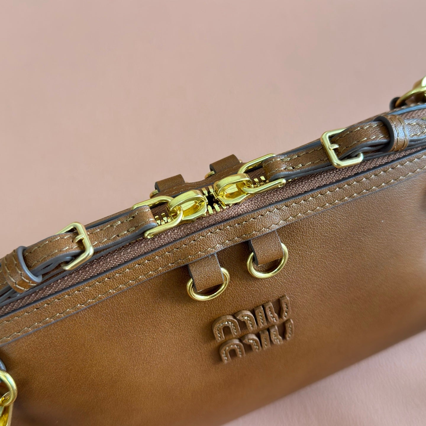 Miu Caprice Clutch Camel Leather 280752