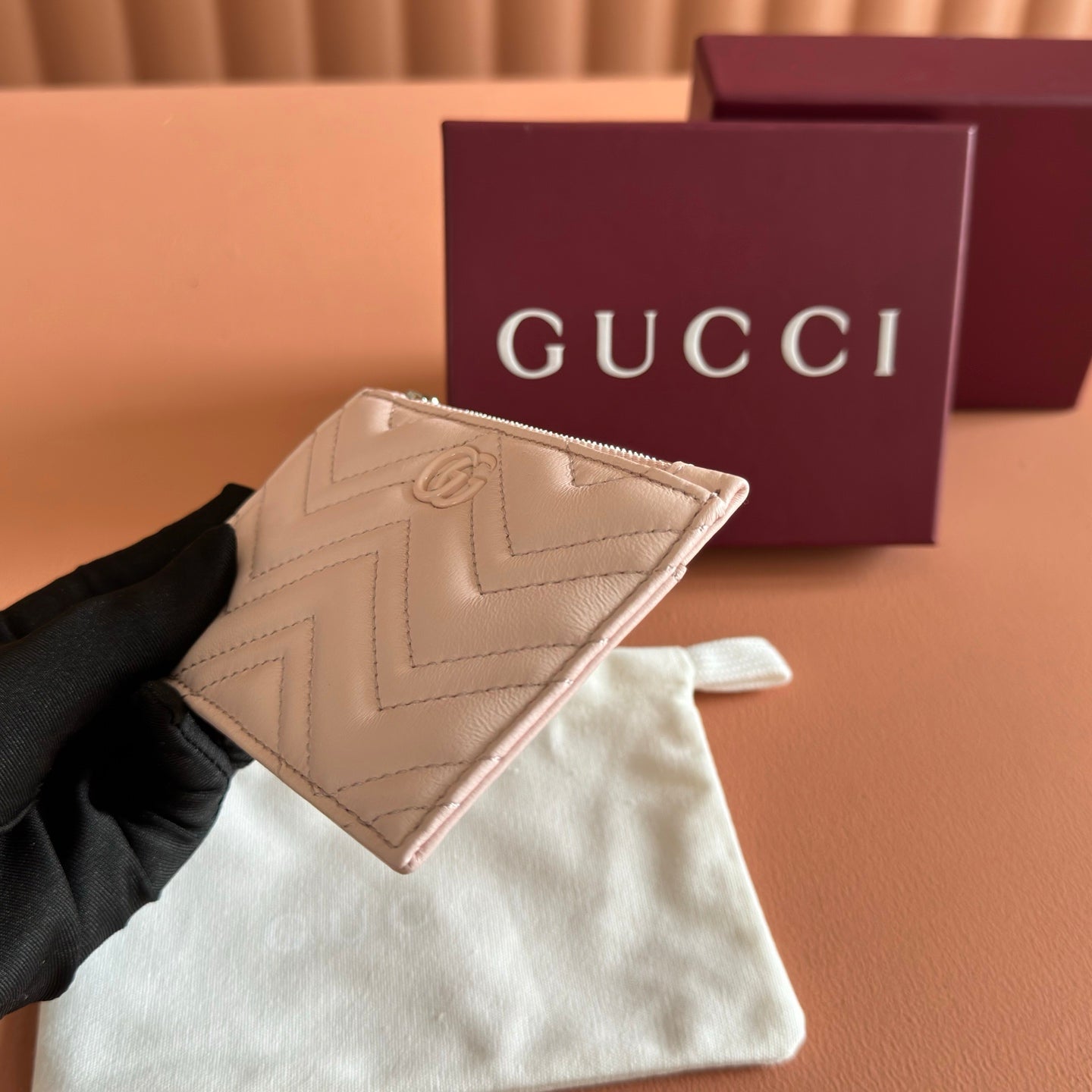 GG Marmont Zip Key Pouch Light Pink Leather