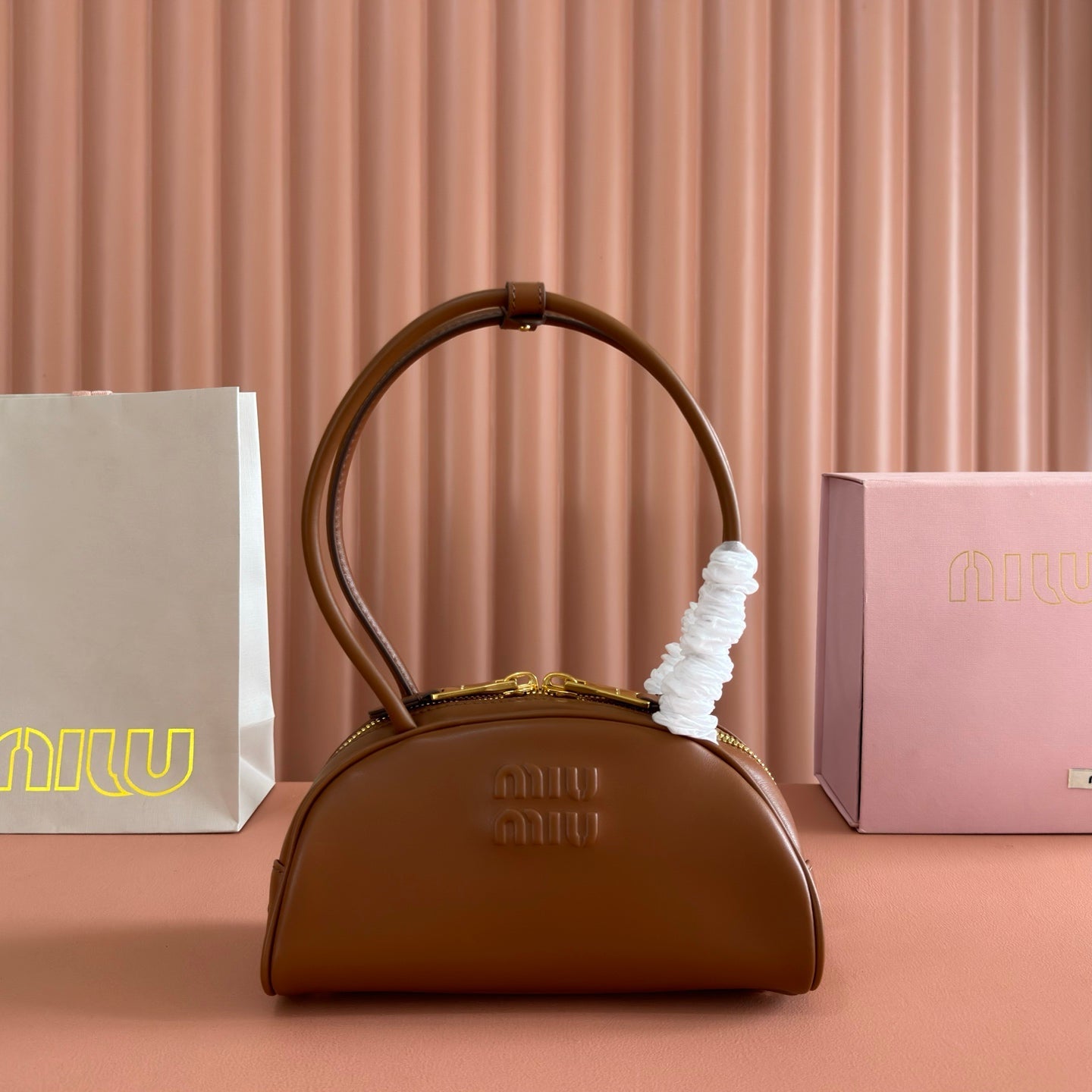 Miu Beau Semi-Circular Small Bowling Bag Tan Brown Leather