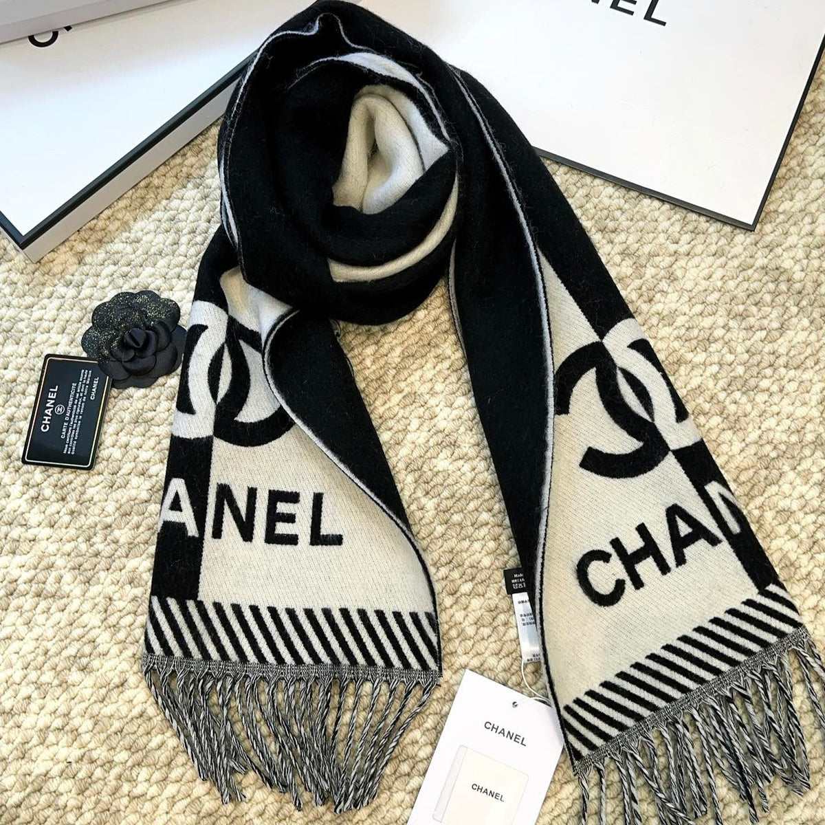 Scarf 184 Cm In Black Mix White Merino Wool 393120