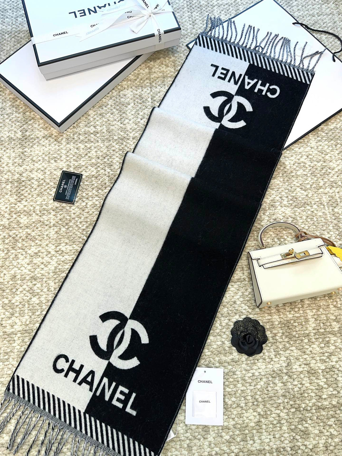 Scarf 184 Cm In Black Mix White Merino Wool 393120