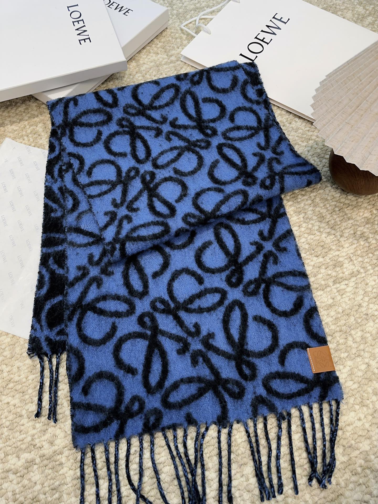 Loewe Scarf 186CM Dark Blue Black Wool Cashmere 968583