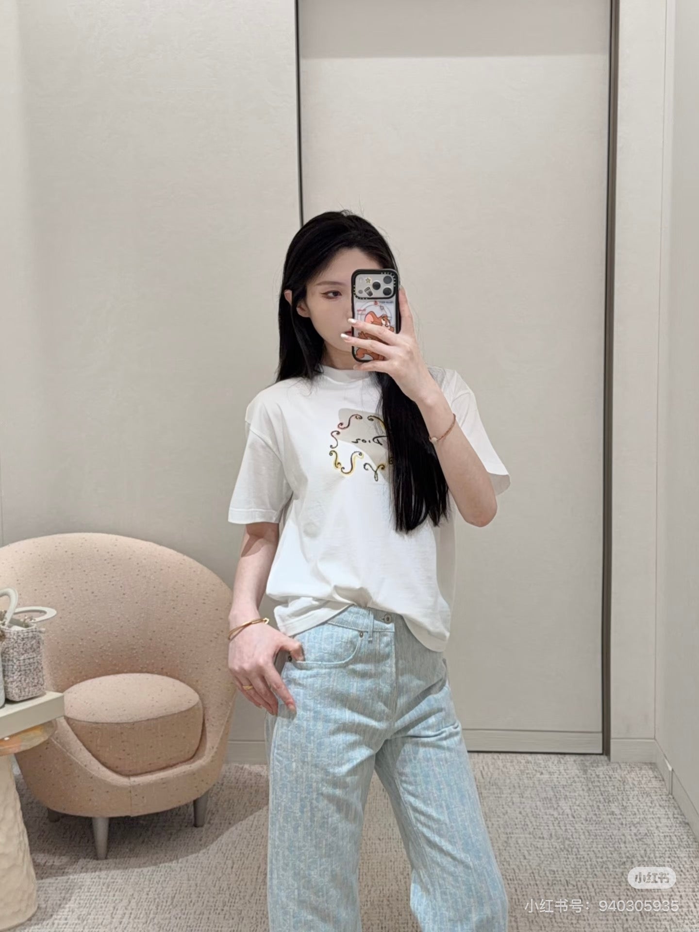 CD Embroidered Beaded Letter T-Shirt White Cotton 394289