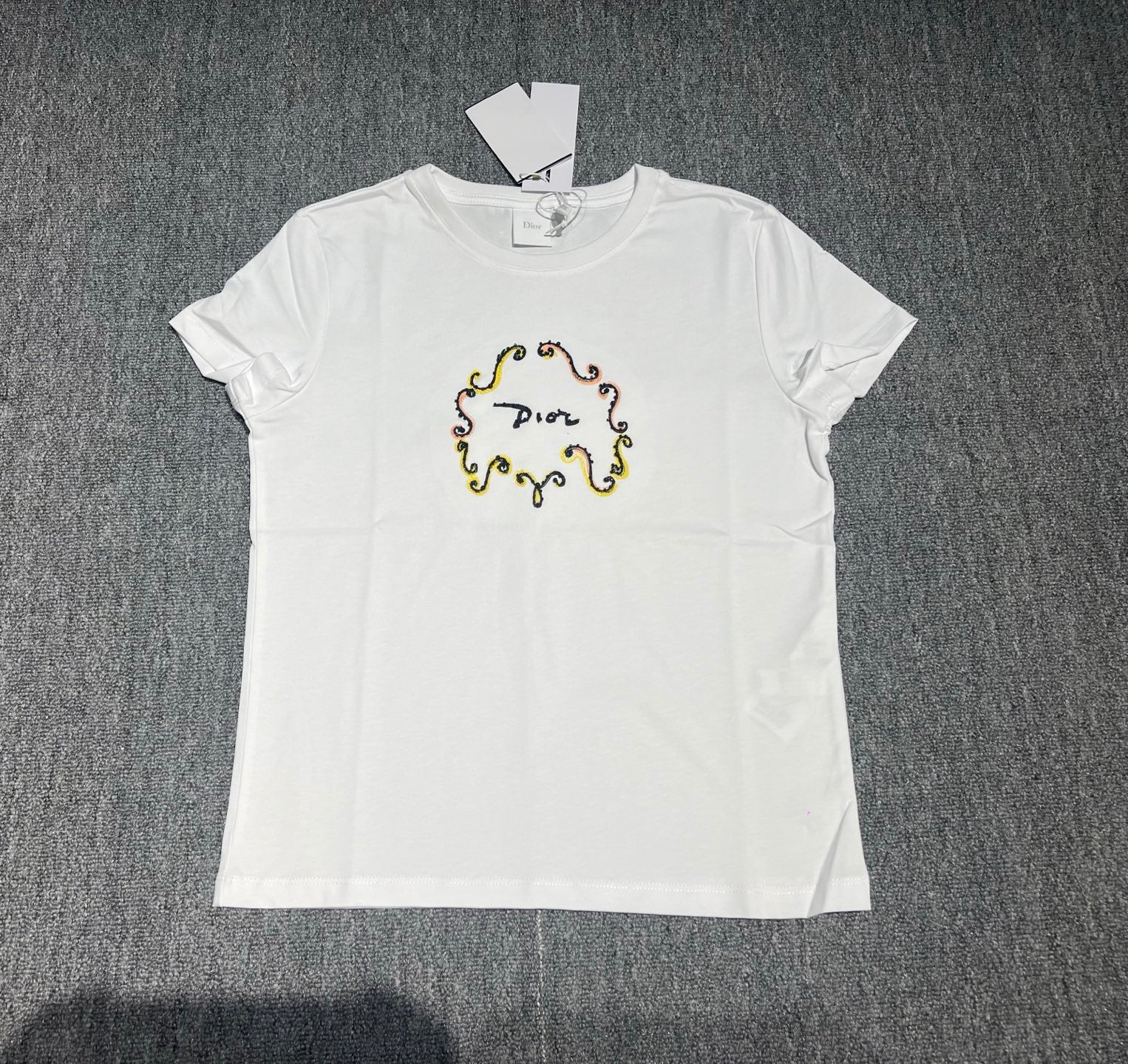 CD Embroidered Beaded Letter T-Shirt White Cotton 394289