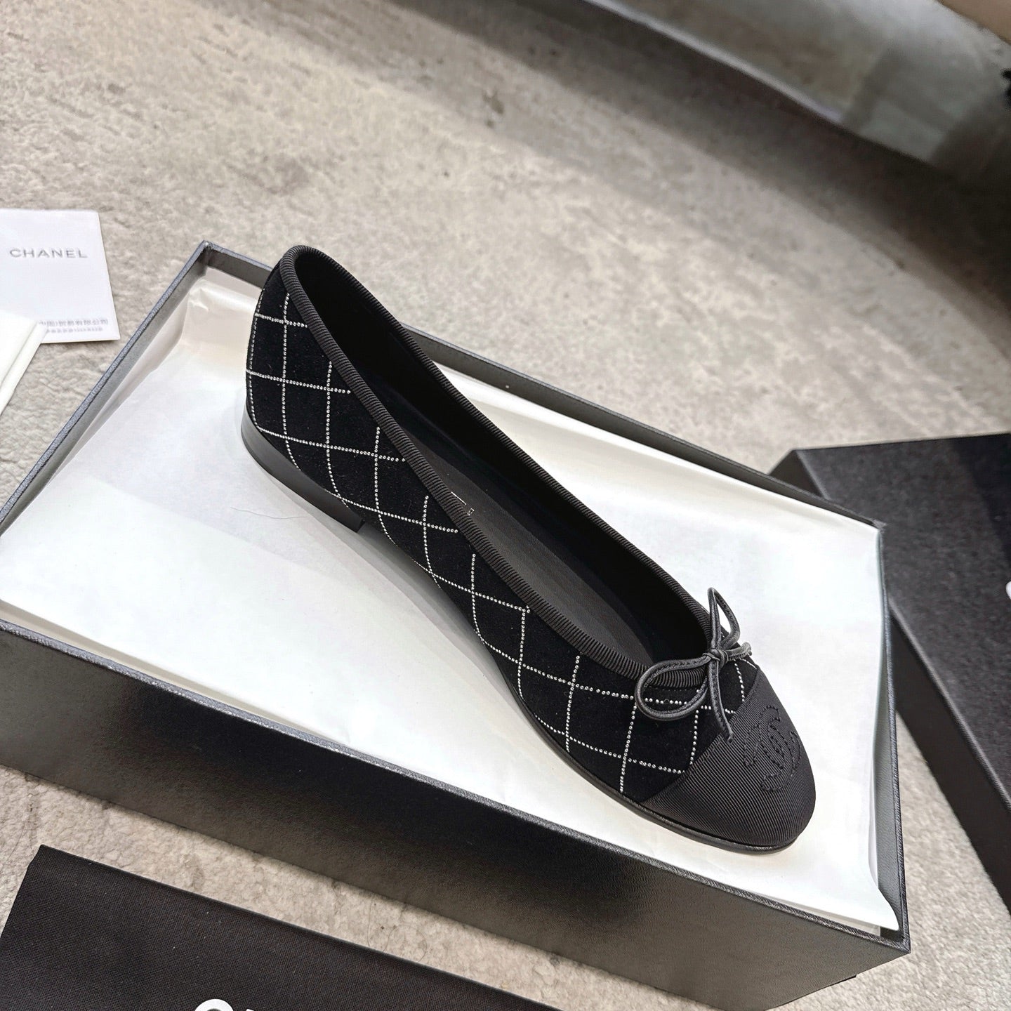 CC Ballet Flats Small Bow Black Quilted Canvas Suede 716399