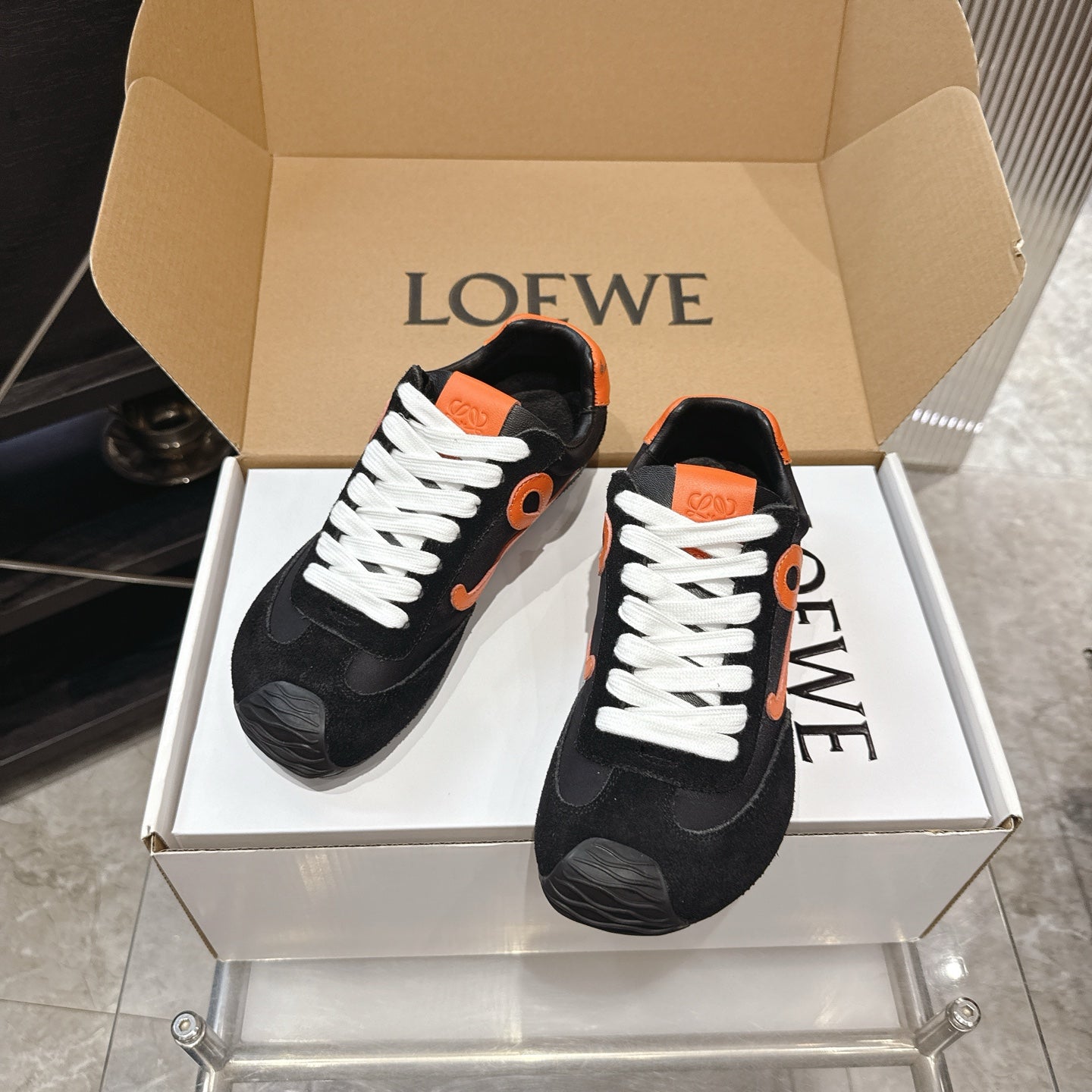 LOEW 26s Ballet Runner 2.0 Black Orange Suede Sheepskin 683937