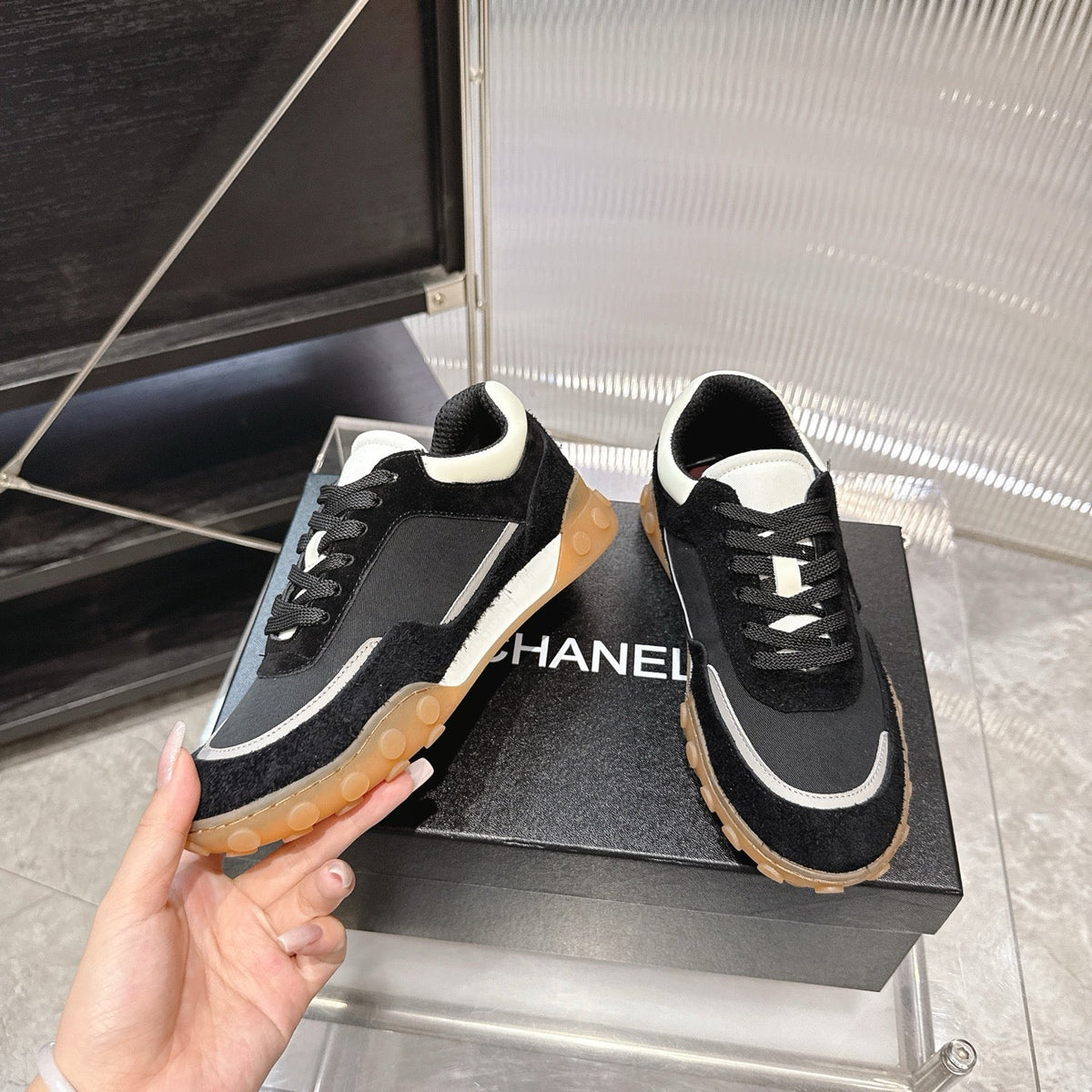 Chanel 26s Low Top Sneakers In Black Suede And Black Fabric With Rubber Sole