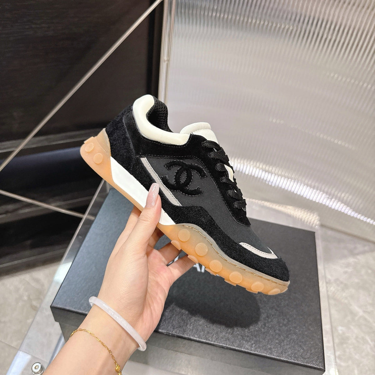 Chanel 26s Low Top Sneakers In Black Suede And Black Fabric With Rubber Sole