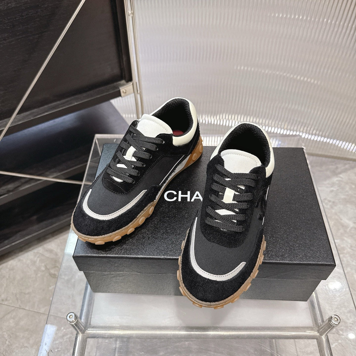 Chanel 26s Low Top Sneakers In Black Suede And Black Fabric With Rubber Sole