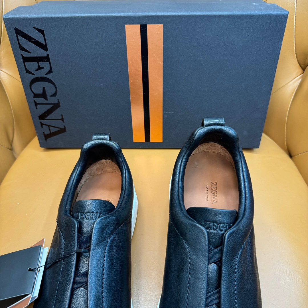 Zegna Men's Triple Stitch Sneakers Black Grain Leather