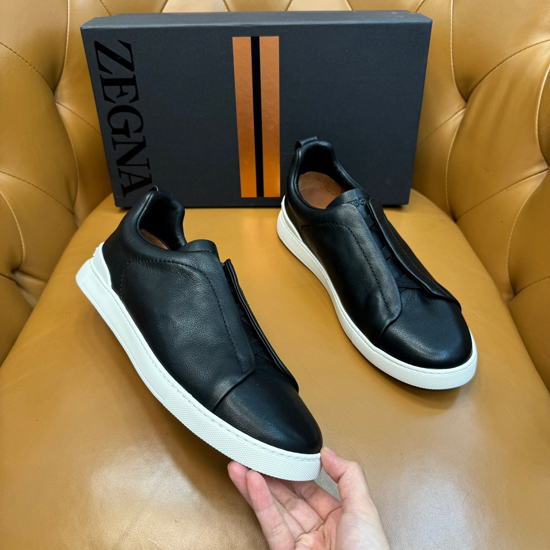 Zegna Men's Triple Stitch Sneakers Black Grain Leather