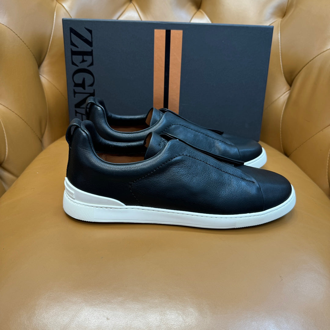 Zegna Men's Triple Stitch Sneakers Black Grain Leather