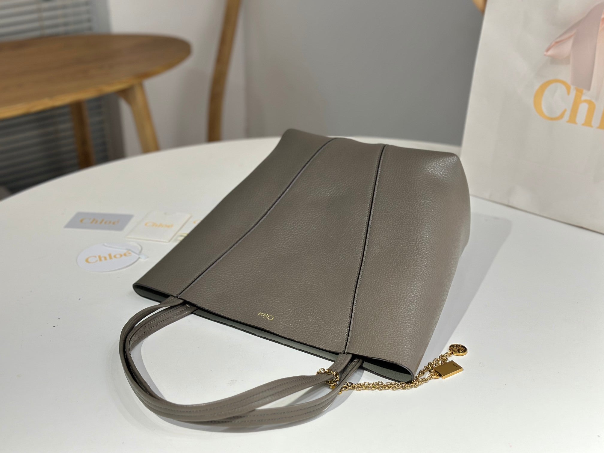 Chloe Spin Taupe Gray Calfskin