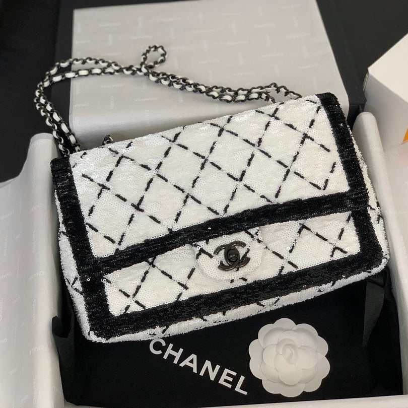 CC 2025 Flap Bag Black White Sequin 298964