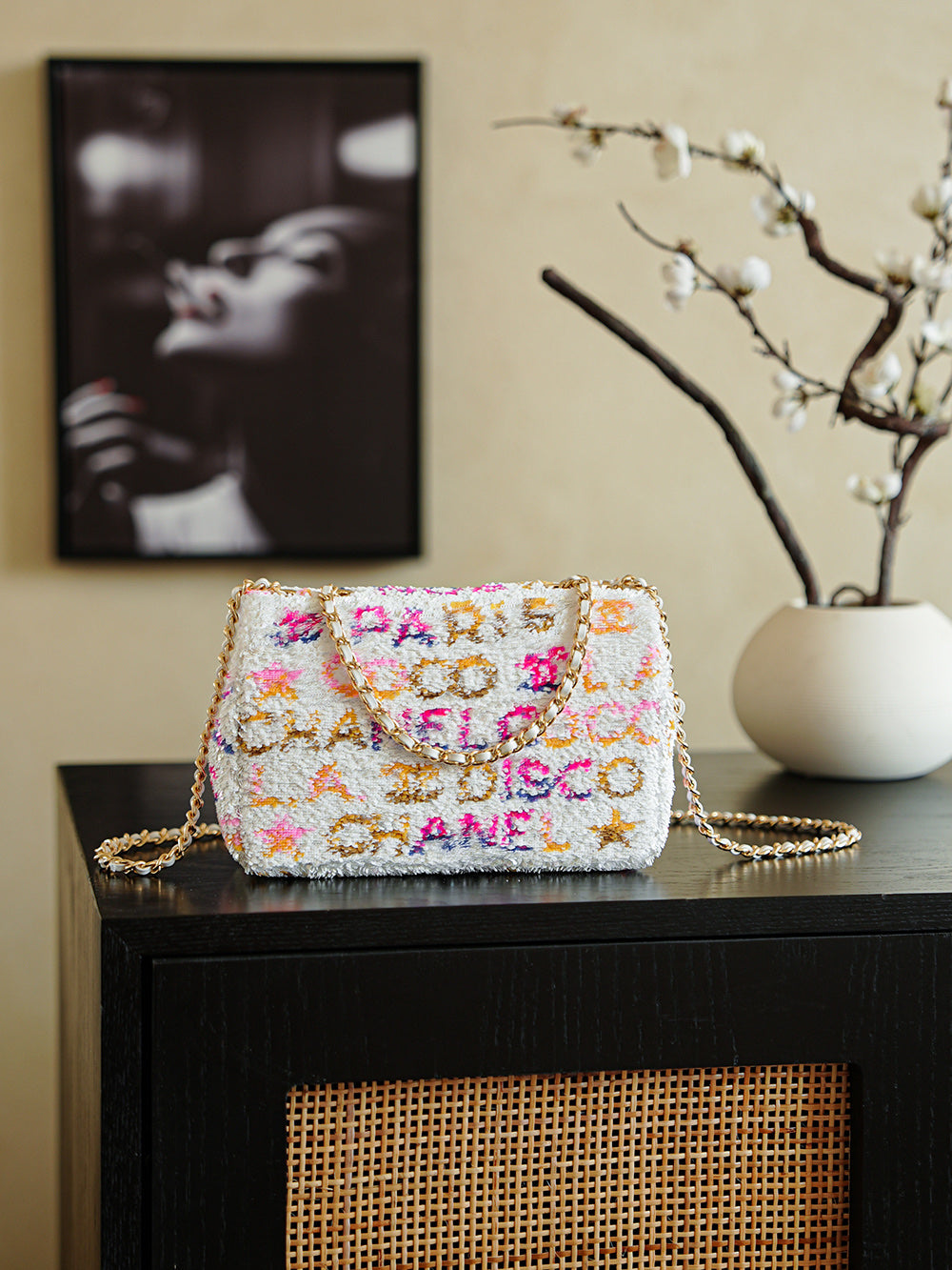 CC 2025 Flap Bag 21cm White Mix Colors Sequin 308604