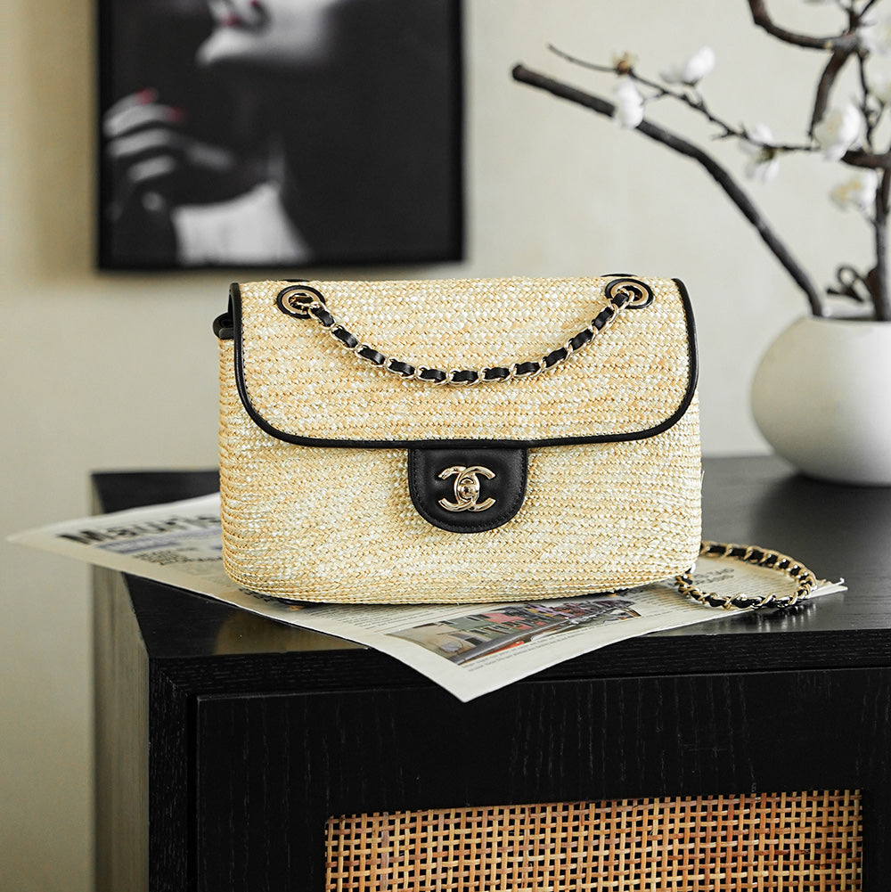 Chanel 26s Classic Flap Medium 23 In Natural Raffia And Black Calfskin Gold Hardware