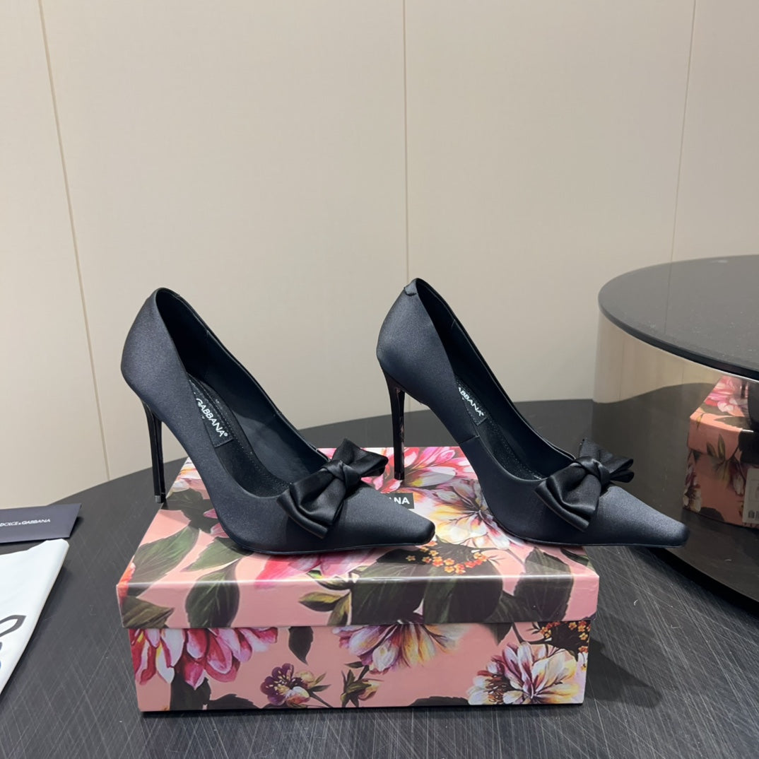 DC 25  Toe Bow High Heel Shoes 100mm Black Silk And Sheepskin 381609