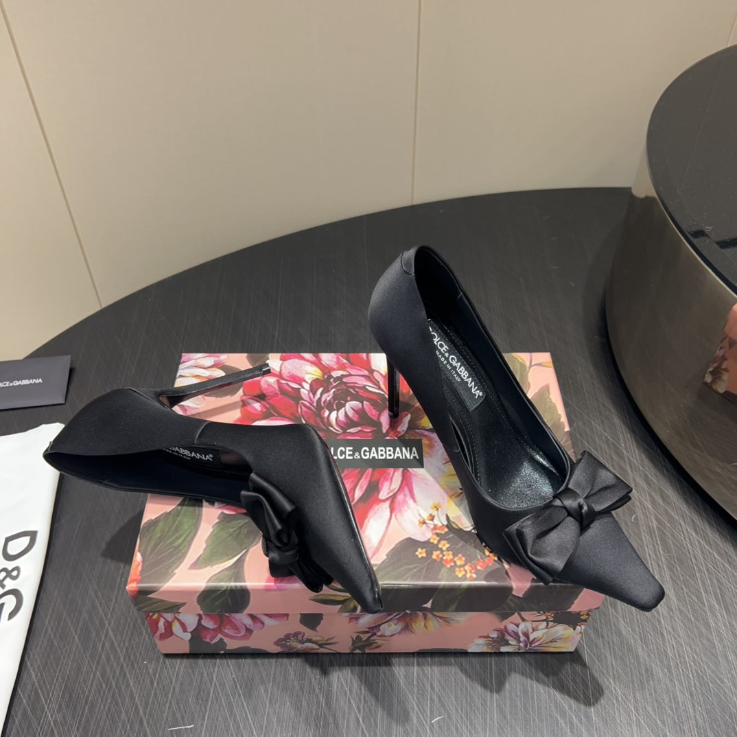 DC 25  Toe Bow High Heel Shoes 100mm Black Silk And Sheepskin 381609