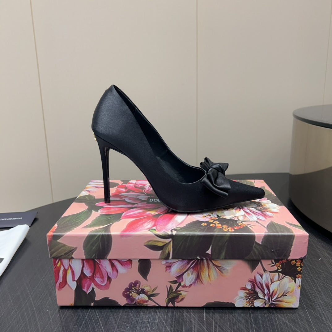 DC 25  Toe Bow High Heel Shoes 100mm Black Silk And Sheepskin 381609