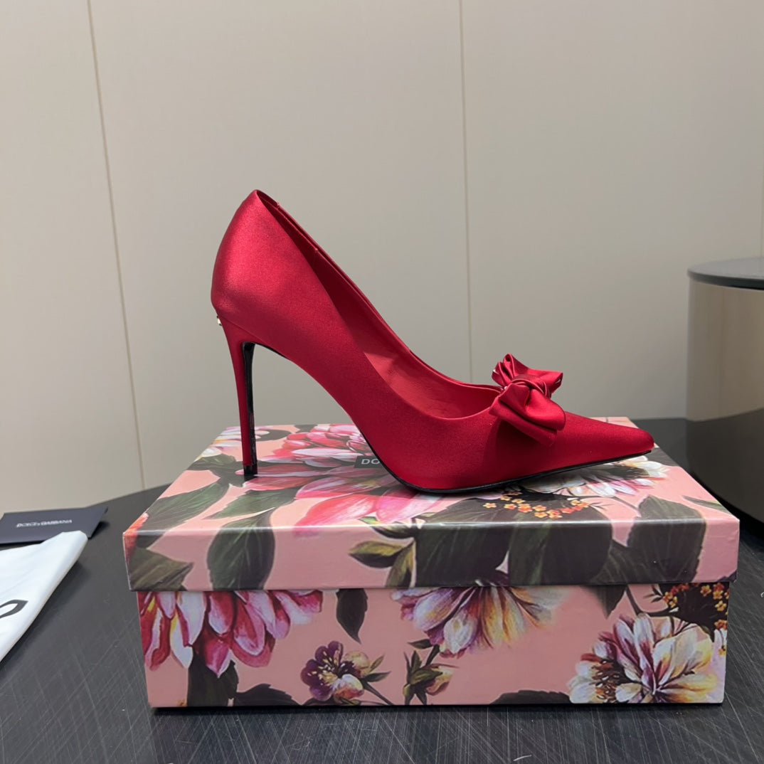 DC 25  Toe Bow High Heel Shoes 100mm Red Silk And Sheepskin 381610