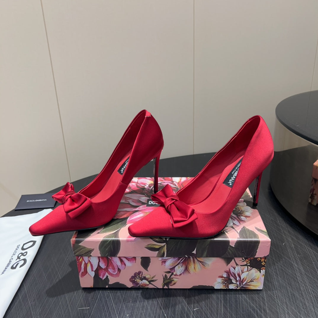 DC 25  Toe Bow High Heel Shoes 100mm Red Silk And Sheepskin 381610