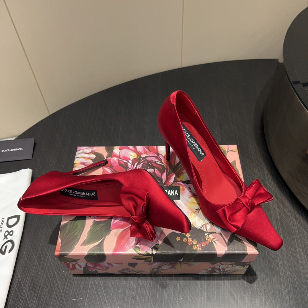 DC 25  Toe Bow High Heel Shoes 100mm Red Silk And Sheepskin 381610