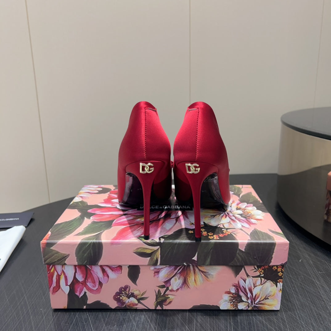 DC 25  Toe Bow High Heel Shoes 100mm Red Silk And Sheepskin 381610