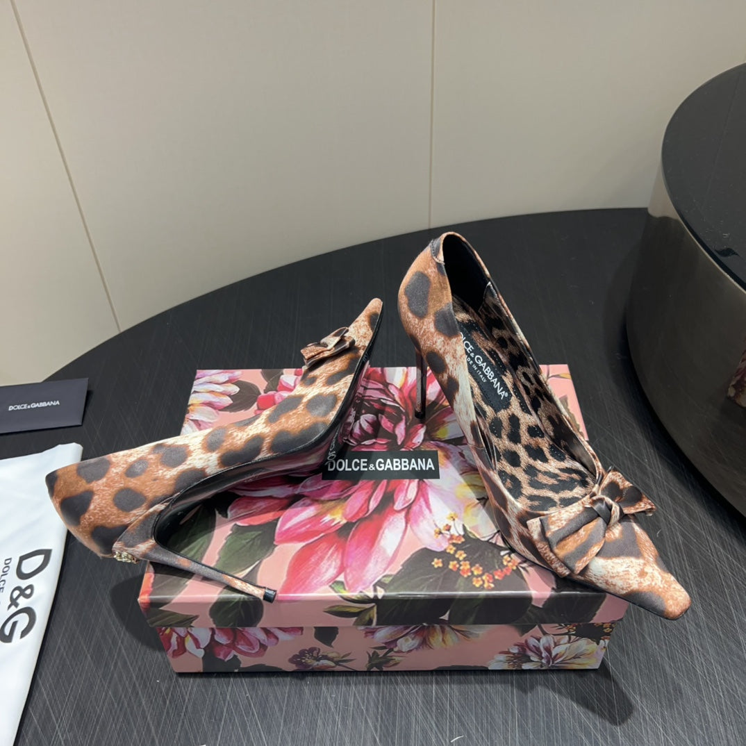 DC 25  Toe Bow High Heel Shoes 35mm Leopard-Print Silk And Sheepskin 381611