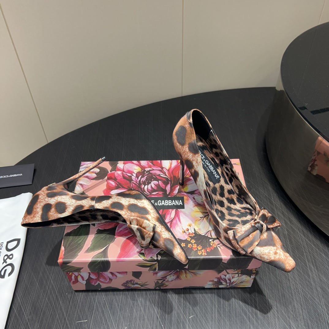 DC 25  Toe Bow High Heel Shoes 35mm Leopard-Print Silk And Sheepskin 381611