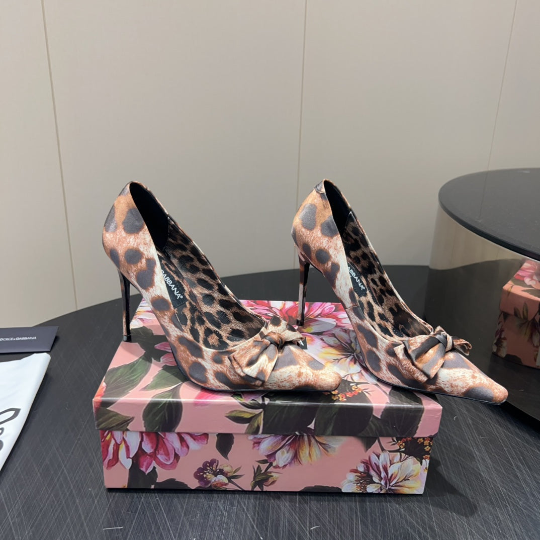 DC 25  Toe Bow High Heel Shoes 35mm Leopard-Print Silk And Sheepskin 381611