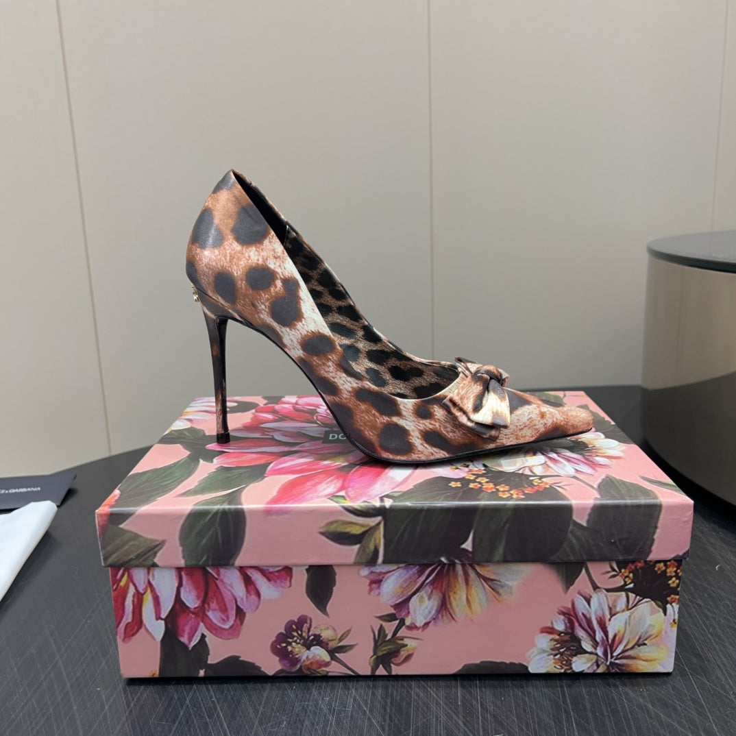 DC 25  Toe Bow High Heel Shoes 35mm Leopard-Print Silk And Sheepskin 381611