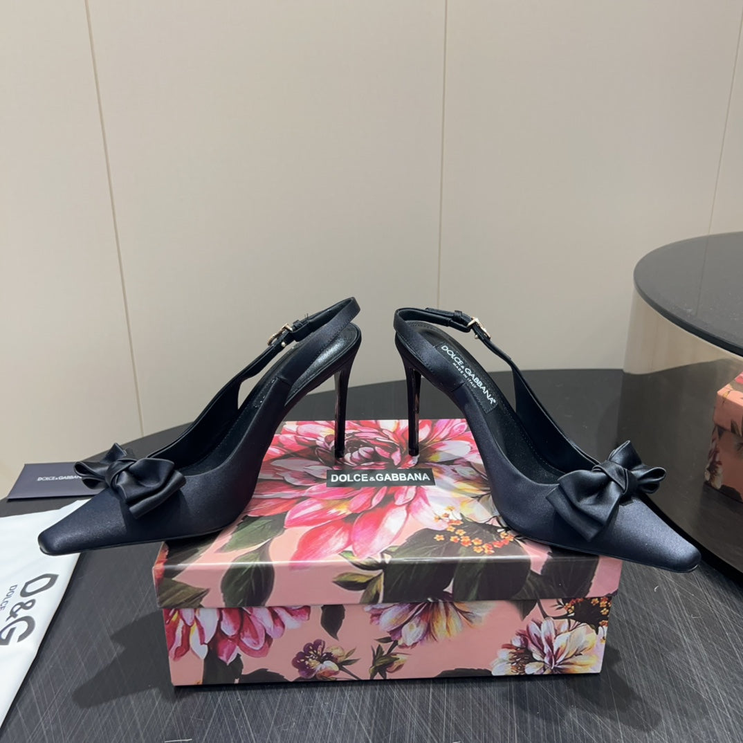 DC 25  Toe Bow Slingback Pumps 100mm Black Silk And Sheepskin 381612